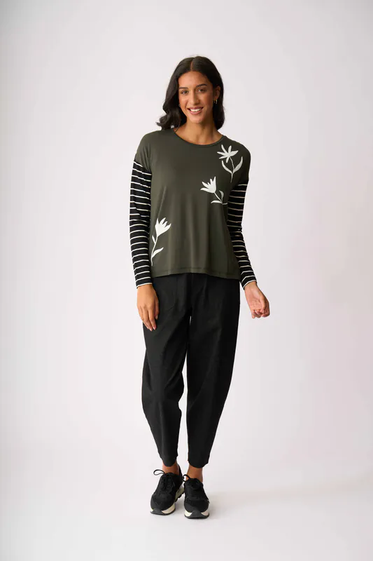 Model wearing Shadow Check Drop Shoulder Top By Foil Available at Beetees Nelson