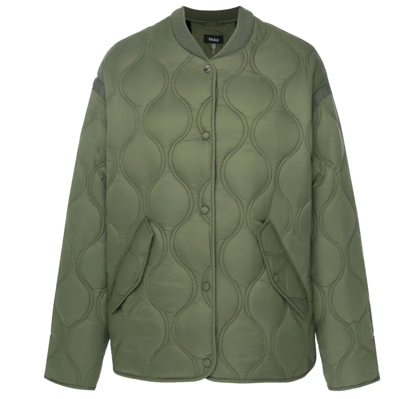 Model wearing Olive Green Talei Quilted Bomber Jacket By Moke Available at Beetees Nelson