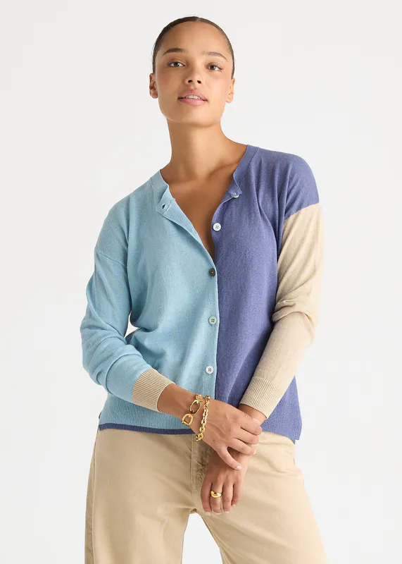 Model wearing Opal Colour Block Cardi By LD + CO Available at Beetees Nelson