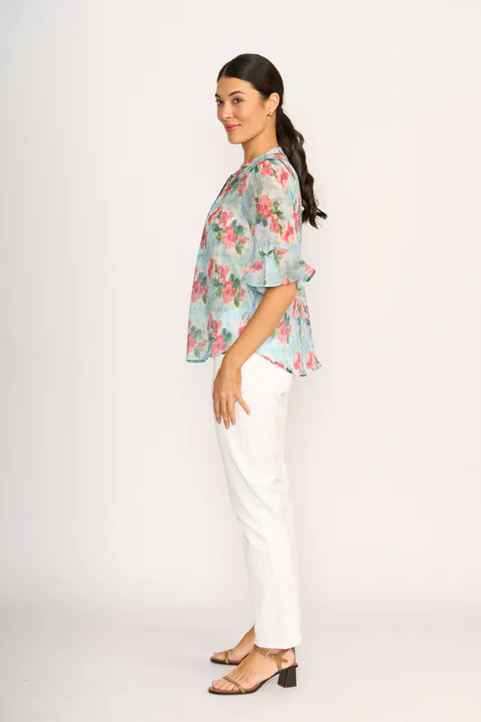 Model wearing Aqua Floral Shirt - Romantic Sleeve By Memo Available at Beetees Nelson
