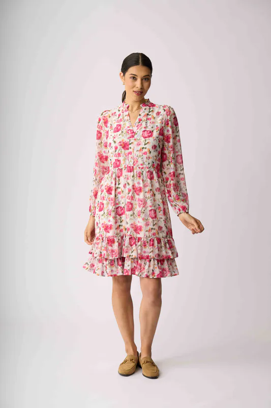 Model wearing Feminine Floral Tier It Up Dress By Memo Available at Beetees Nelson