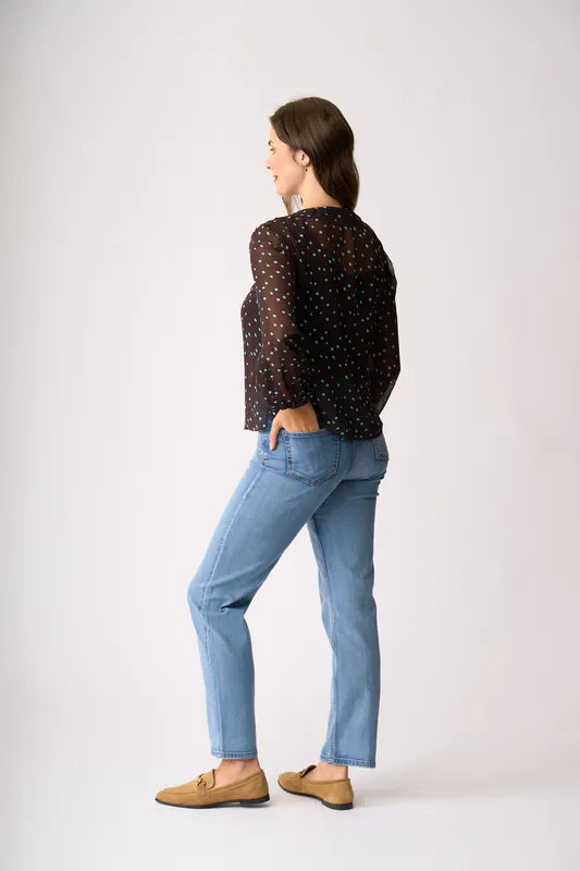 Model wearing Shadow Leopard Ruffle & Lace Trim Blouse By Memo Available at Beetees Nelson