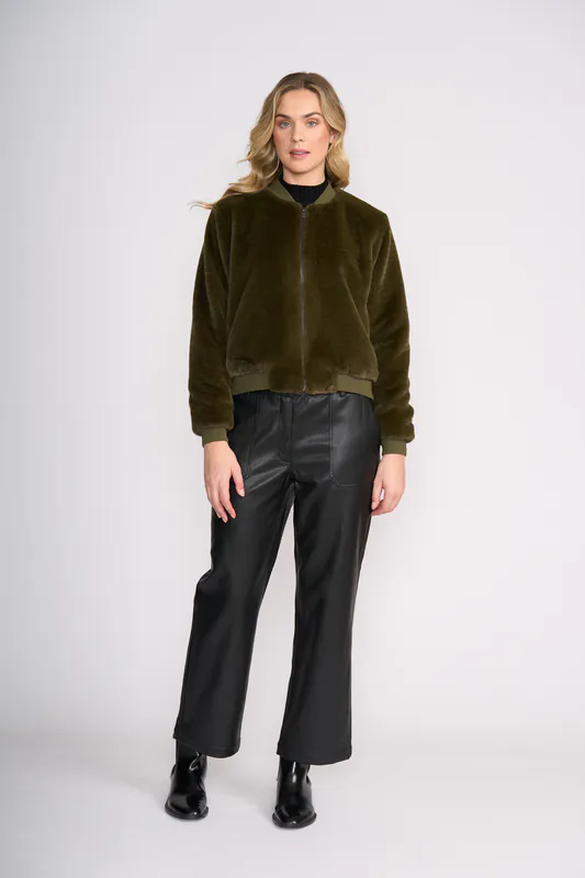 Model wearing Khaki Fur Sure Aviator Jacket By Foil Available at Beetees Nelson