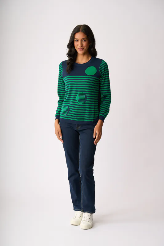 Model wearing Steel Green Scoop The Spots Jumper By Memo Available at Beetees Nelson