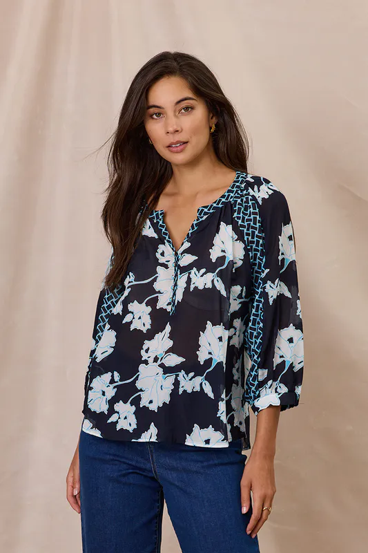 Model wearing Navy/White Flamenco Top By Design Nation Available at Beetees Nelson