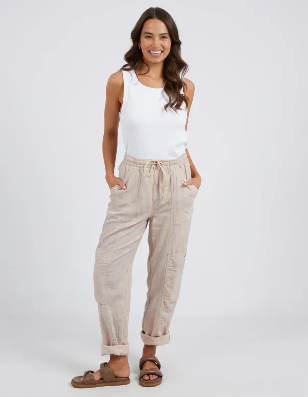 Model wearing Oatmeal Coloured  Luca Cargo Pant By Elm Available at Beetees Nelson