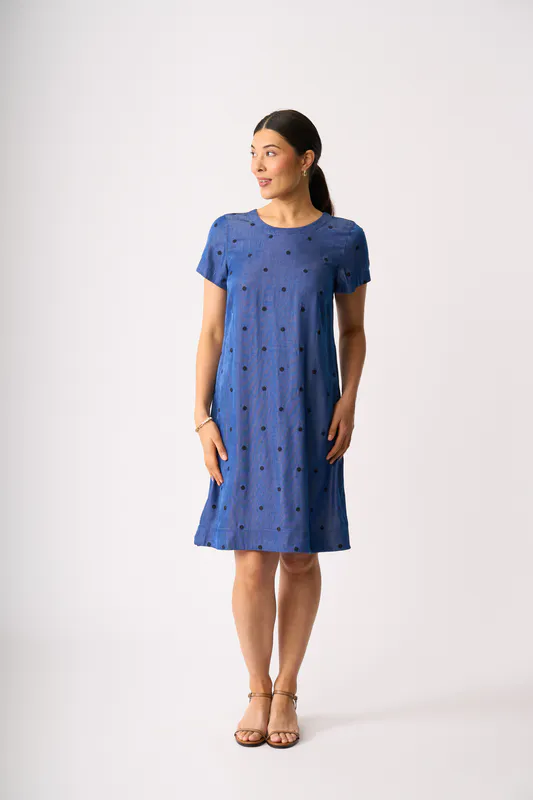 Model wearing Blue Spot On A Line Dress By Oh Three Available at Beetees Nelson