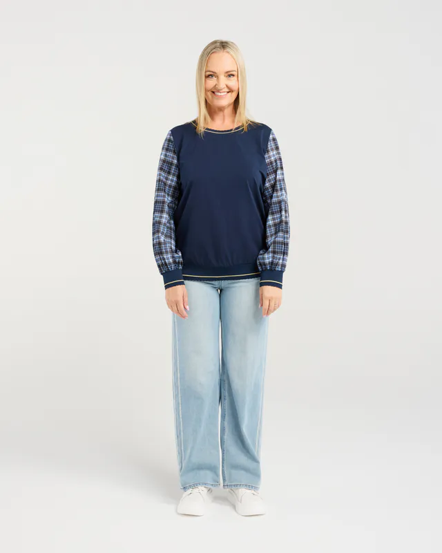 Model wearing Navy (Plaid Night) Isadora Top By Zafina Available at Beetees Nelson