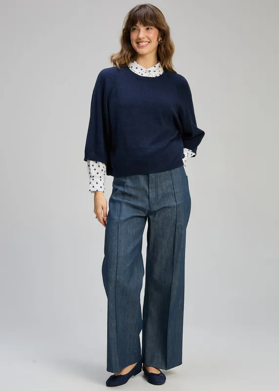 Model wearing Dark Denim Boxy Crew Essential By Zaket & Plover Available at Beetees Nelson