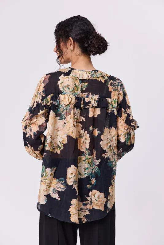 Model wearing Black Floral Sway Blouse By Navy & Co. Available at Beetees Nelson