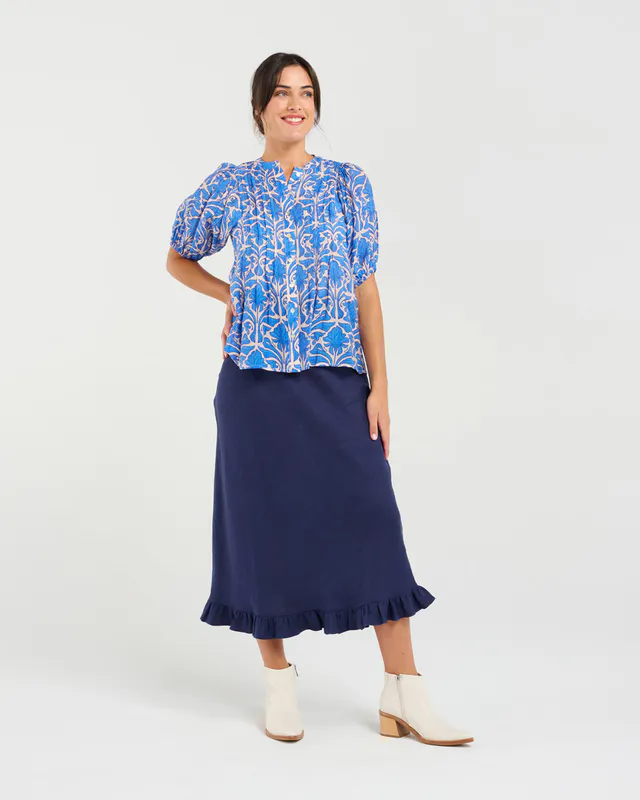 Model wearing Blue Bridget Pintuck Front Shirt By Blackstone Available at Beetees Nelson
