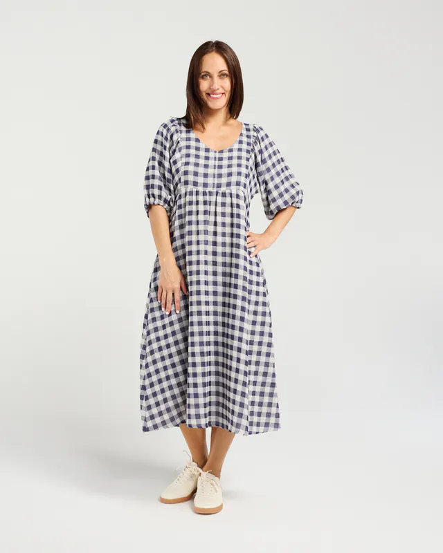 Model wearing Classic Check Linda Dress By Seduce Available at Beetees Nelson