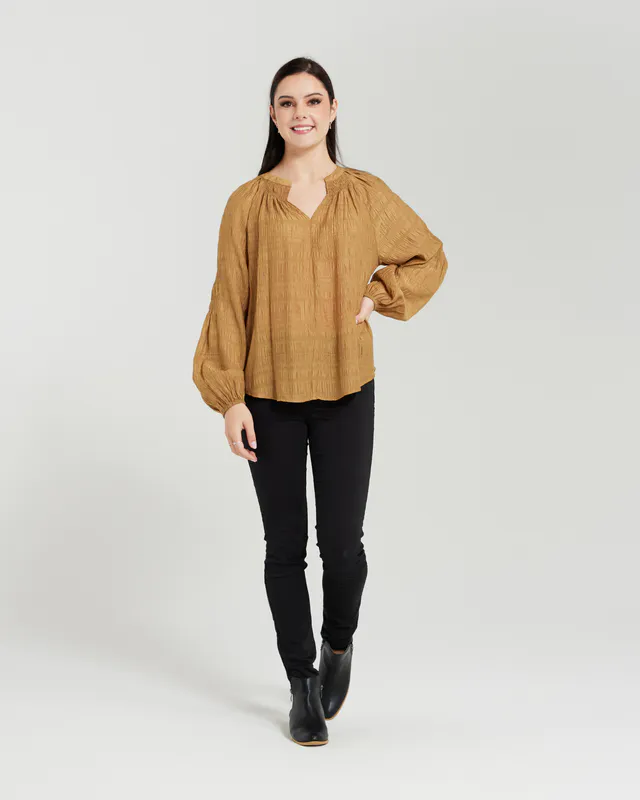 Model wearing Tan Coloured Belinda Top By Zafina Available at Beetees Nelson