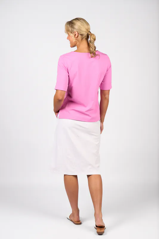 Model wearing Orchid V Neck Top By Vassalli Available at Beetees Nelson