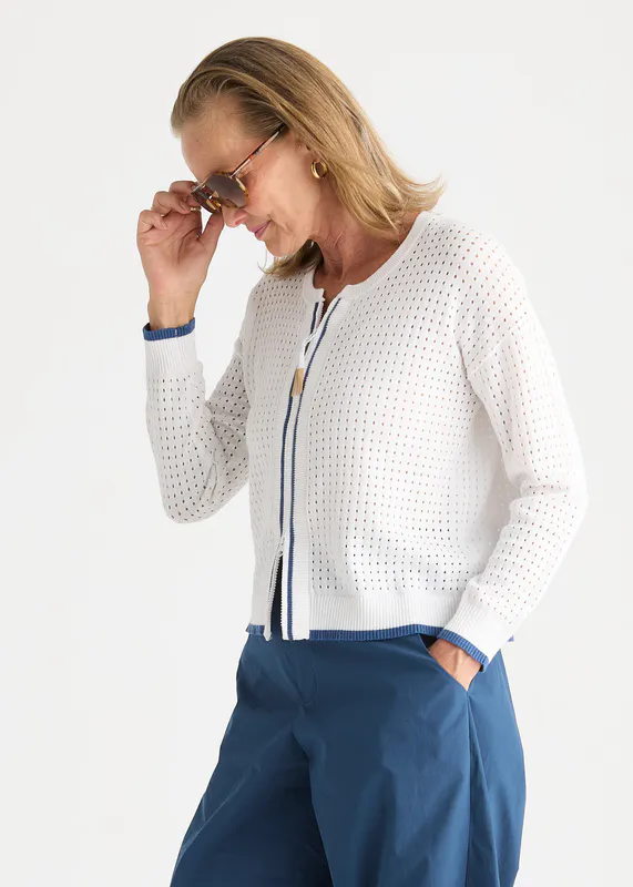 Model wearing White Pointelle Zip Cardi By Zaket & Plover Available at Beetees Nelson