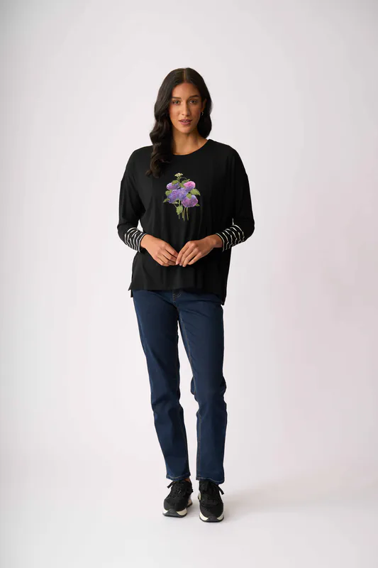 Model wearing Hydrangea Blocked Stripe Top By Foil Available at Beetees Nelson