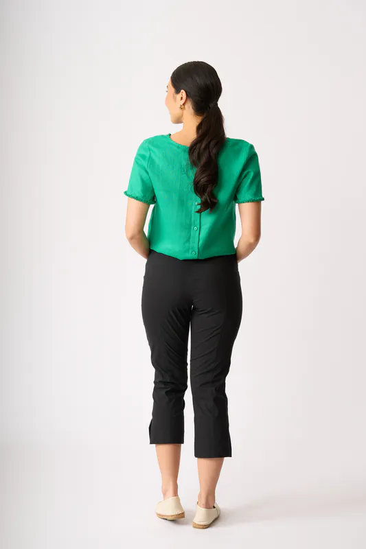Model wearing Green Benefits Galore Top By Foil Available at Beetees Nelson