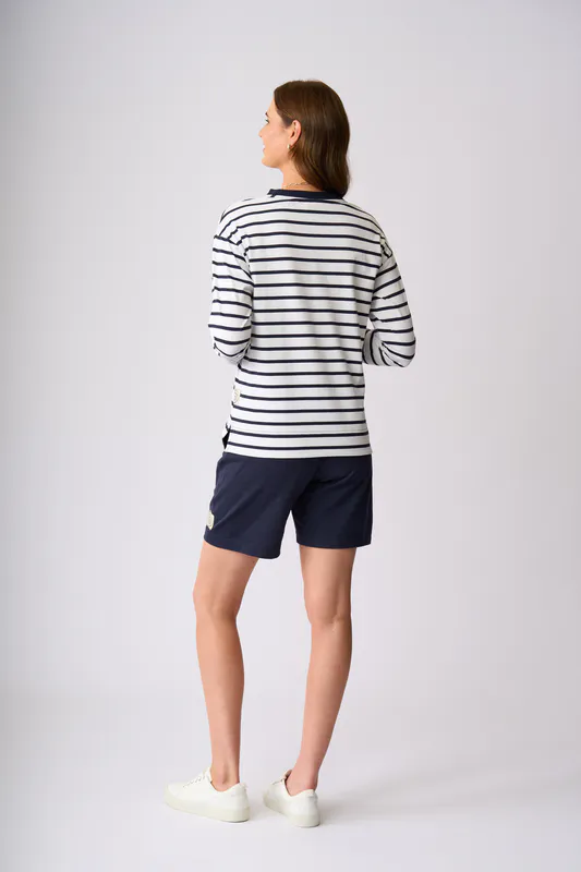 Model wearing White Navy Stripe Stewart Sweater By Charlie Jane Available at Beetees Nelson