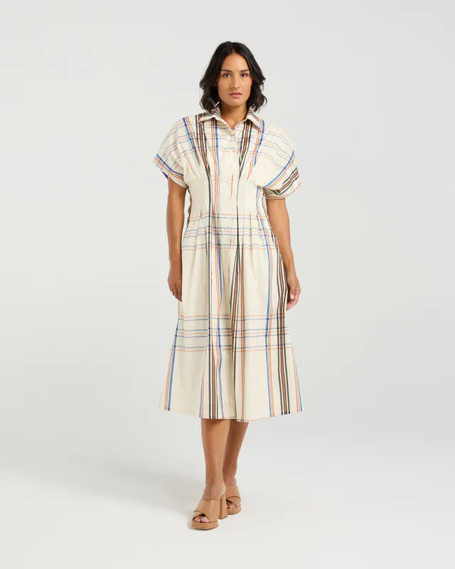 Model wearing Sunset Plaid Audrey Dress By Et Alia Available at Beetees Nelson