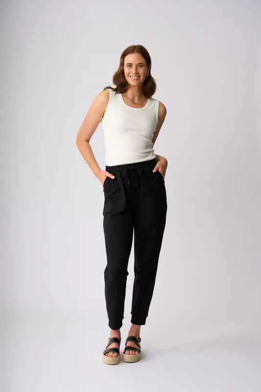 Model wearing Black Kaiuma Pant By Charlie Jane Available at Beetees Nelson