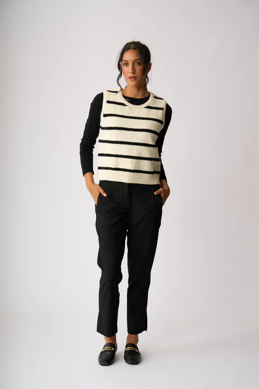 Model wearing Otameal (Black) Contrast Cable Knit Vest By Oh Three Available at Beetees Nelson