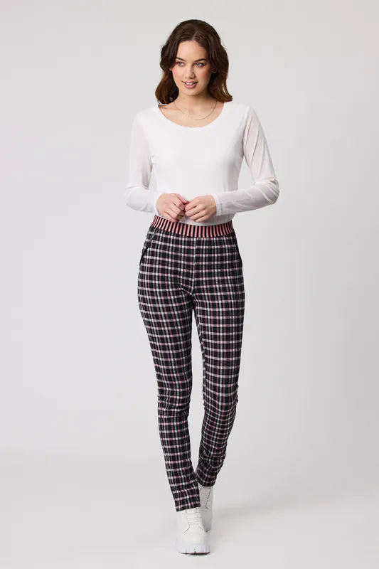 Model wearing Zena Checked Pull Up Pant By Classified Available at Beetees Nelson