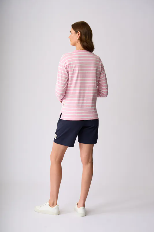 Model wearing Rose White Stripe Stewart Sweater By Charlie Jane Available at Beetees Nelson