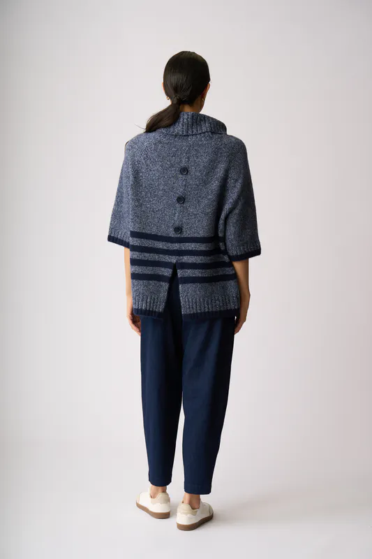 Model wearing Blue ( Midnight Stripe) Relaxed, Split Back Jumper By Memo Available at Beetees Nelson