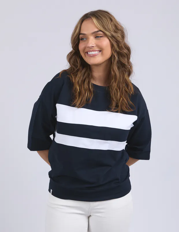 Model Wearing Navy Nico Sweat By Elm Available at Beetees Nelson