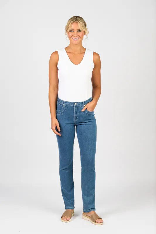 Model wearing Blue Denim Studio Jean By Vassalli Available at Beetees Nelson
