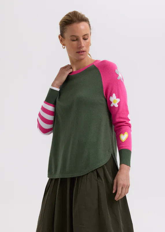 Model wearing Khaki My Happy Jumper By Zaket & Plover Available at Beetees Nelson