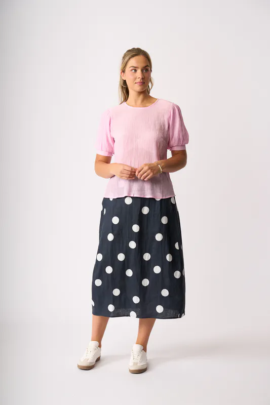 Model wearing Candy Top - Volume Sleeve, Scoop Hem By OH Three Available at Beetees Nelson
