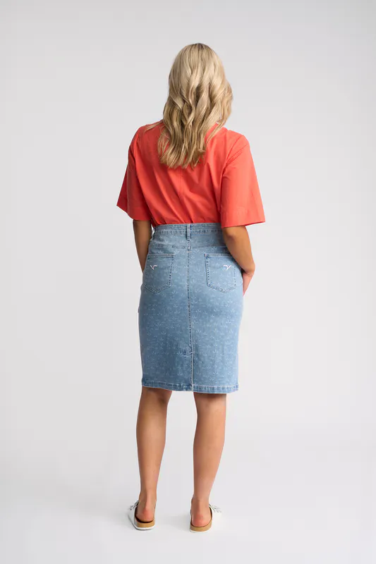 Model wearing Meadow Denim Poppy Skirt By Vassalli Available at Beetees Nelson