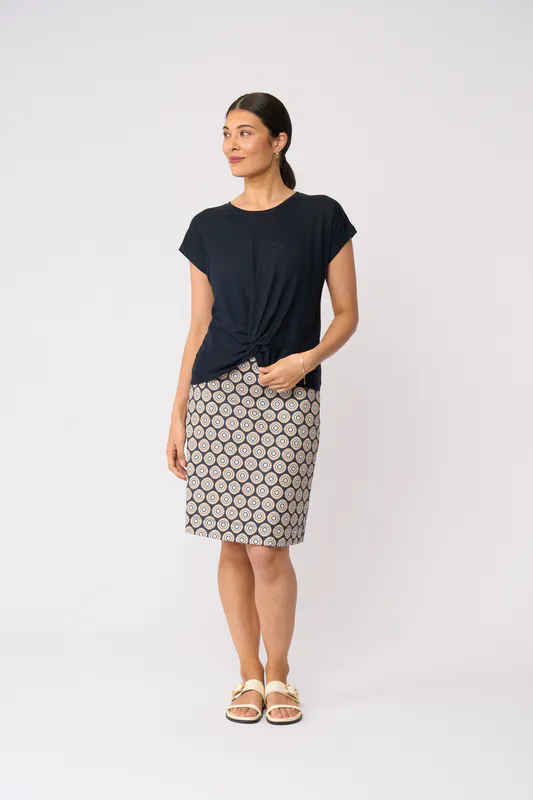 Model wearing True Navy Do The Twist Top By Foil Available at Beetees Nelson
