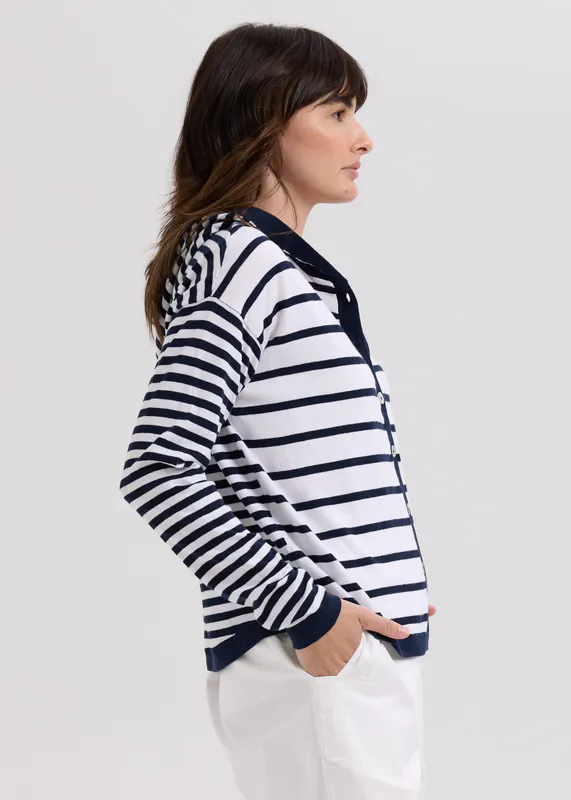 Model wearing Marine Multi Stripe Hoodie By LD + CO Available at Beetees Nelson