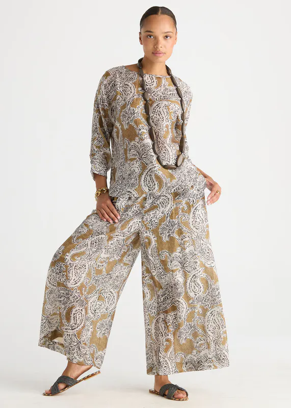 Model wearing Paisley Relaxed Print Top By LD + CO Available at Beetees Nelson