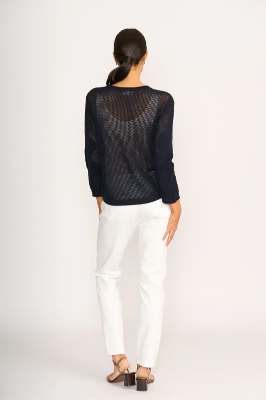 Model wearing True Navy Make My Daisy Sweater By Foil Available at Beetees Nelson