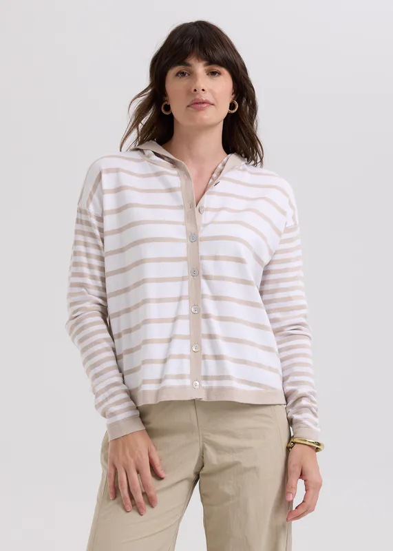 Model wearing Taupe Multi Stripe Hoodie By LD + CO Available at Beetees Nelson