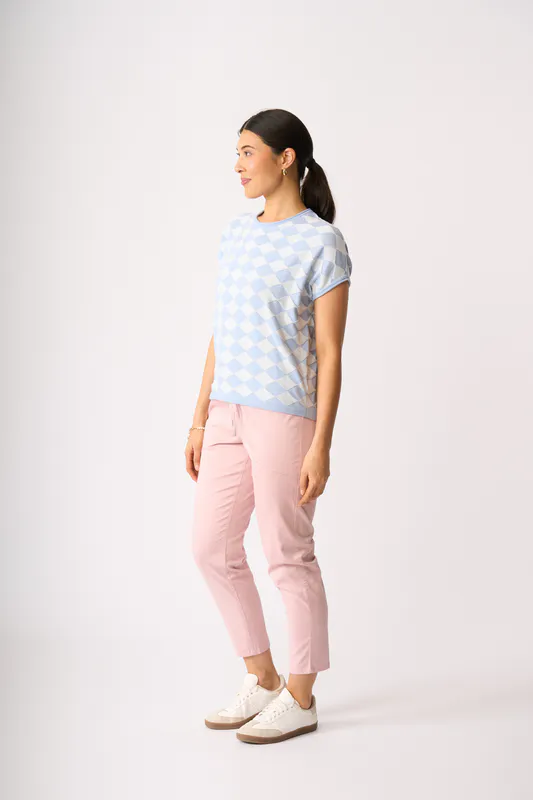 Model wearing Sky Blue White Diamonds Drop Shoulder Top By Foil Available at Beetees Nelson