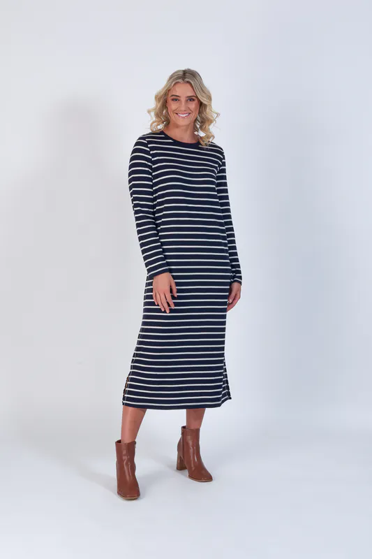 Model wearing Ink Stripe Coloured 100% Merino Round Neck Long Sleeve Dress with Tie Back By Vassalli Available at Beetees Nelson