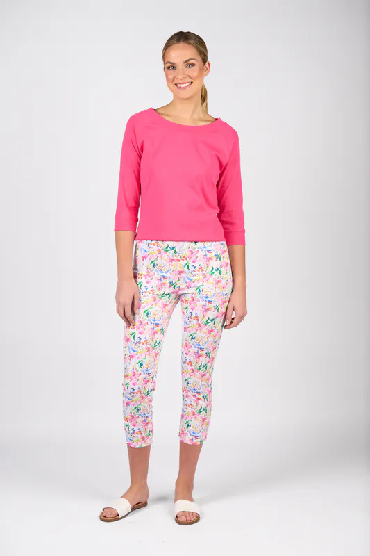Model wearing Porto Printed Slim Leg 7/8 Length Lightweight Pull On By Vassalli Available at Beetees Nelson