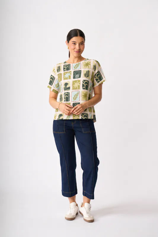 Model wearing Write Home Step Hem Top By Foil Available at Beetees Nelson