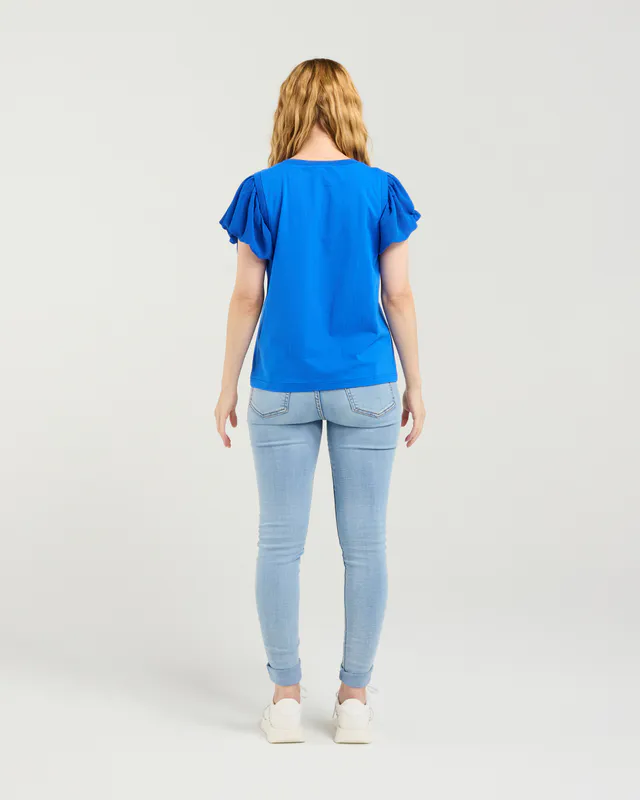 Model wearing Blue Sophie Top By Seduce Available at Beetees Nelson