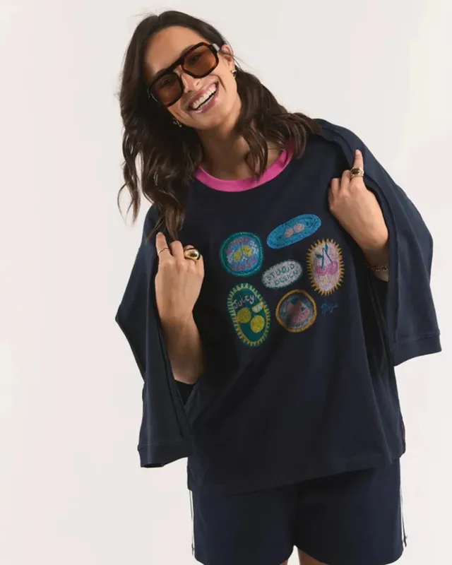 Model wearing Navy Lemon Crush Tee By Elm Available at Beetees Nelson