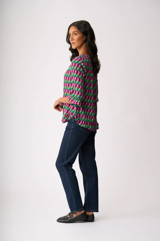 Model wearing Art Deco Gathered Scoop Hem Top By Foil Available at Beetees Nelson