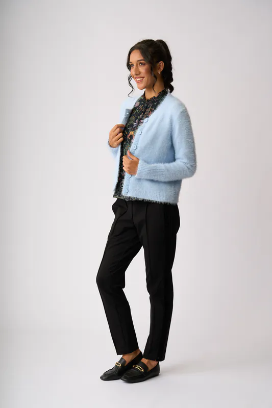 Model wearing Blue Fluffy Scoop Cardigan By Foil Available at Beetees Nelson