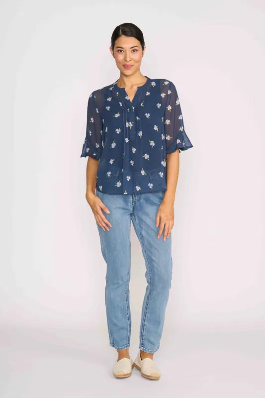 Model wearing Navy Floral Shirt - Romantic Sleeve By Memo Available at Beetees Nelson