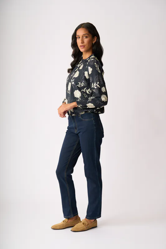 Model wearing Midnight Blooms Shoulder Detail Blouse By Preen Available at Beetees Nelson