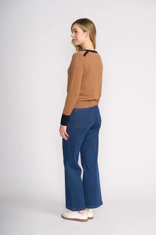 Model wearing Chestnut True Navy Contrast Jumper By OH Three Available at Beetees Nelson