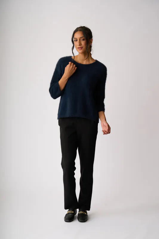 Model wearing Midnight Boxy High Low Jumper By Foil Available at Beetees Nelson